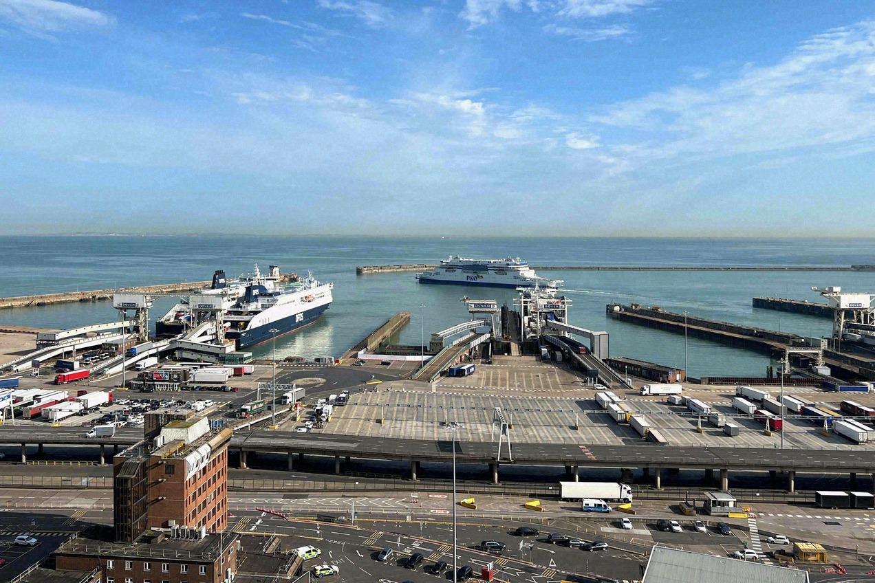 Dover ferry port terminals with P&O ferries at their berths, viewed from the cliffs