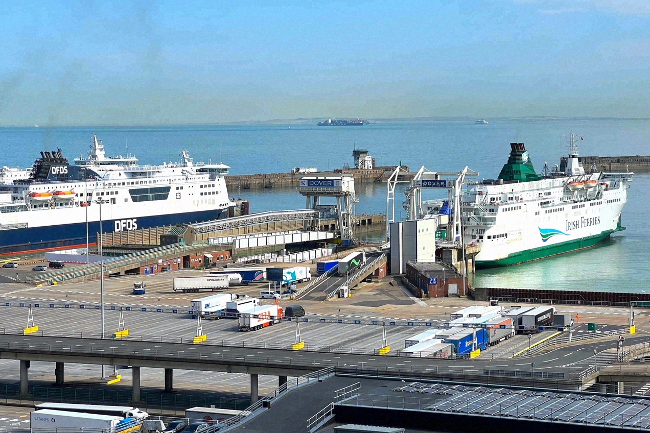 A DFDS and an Irish Ferries ship in Dover ferry port